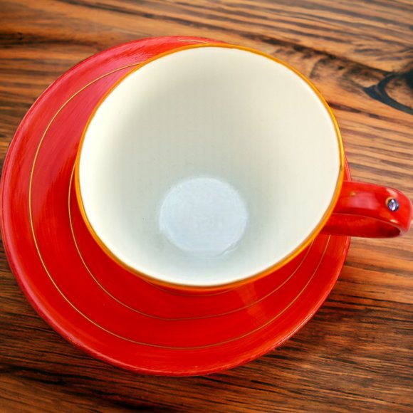 Artistic Porcelain Coffee Mug & Saucer Set, Whimsical Orange-Red Mug-Rhinestones - Picture 6 of 14